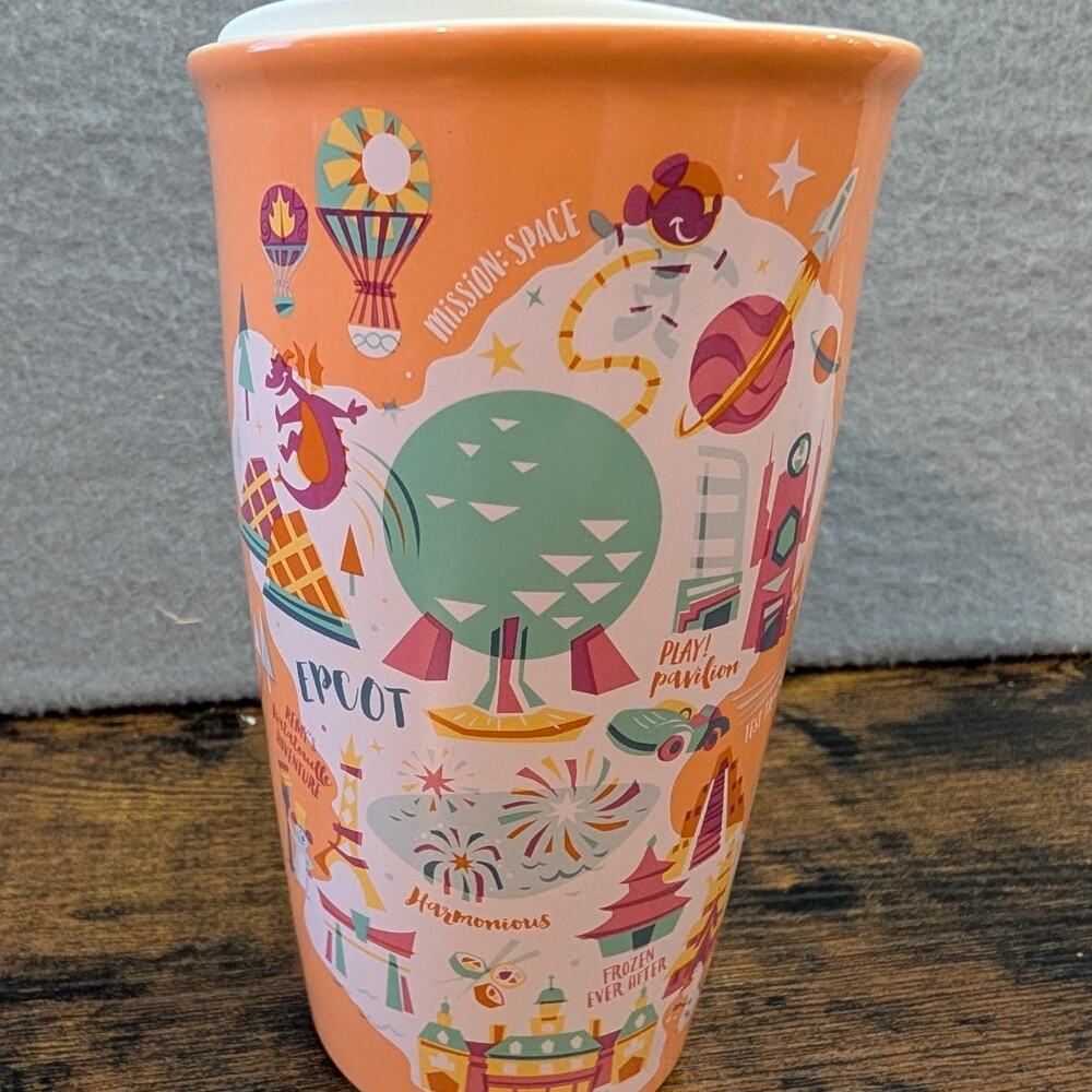 Disney Parks Epcot Center Starbucks Orange Ceramic Travel Tumbler 12oz